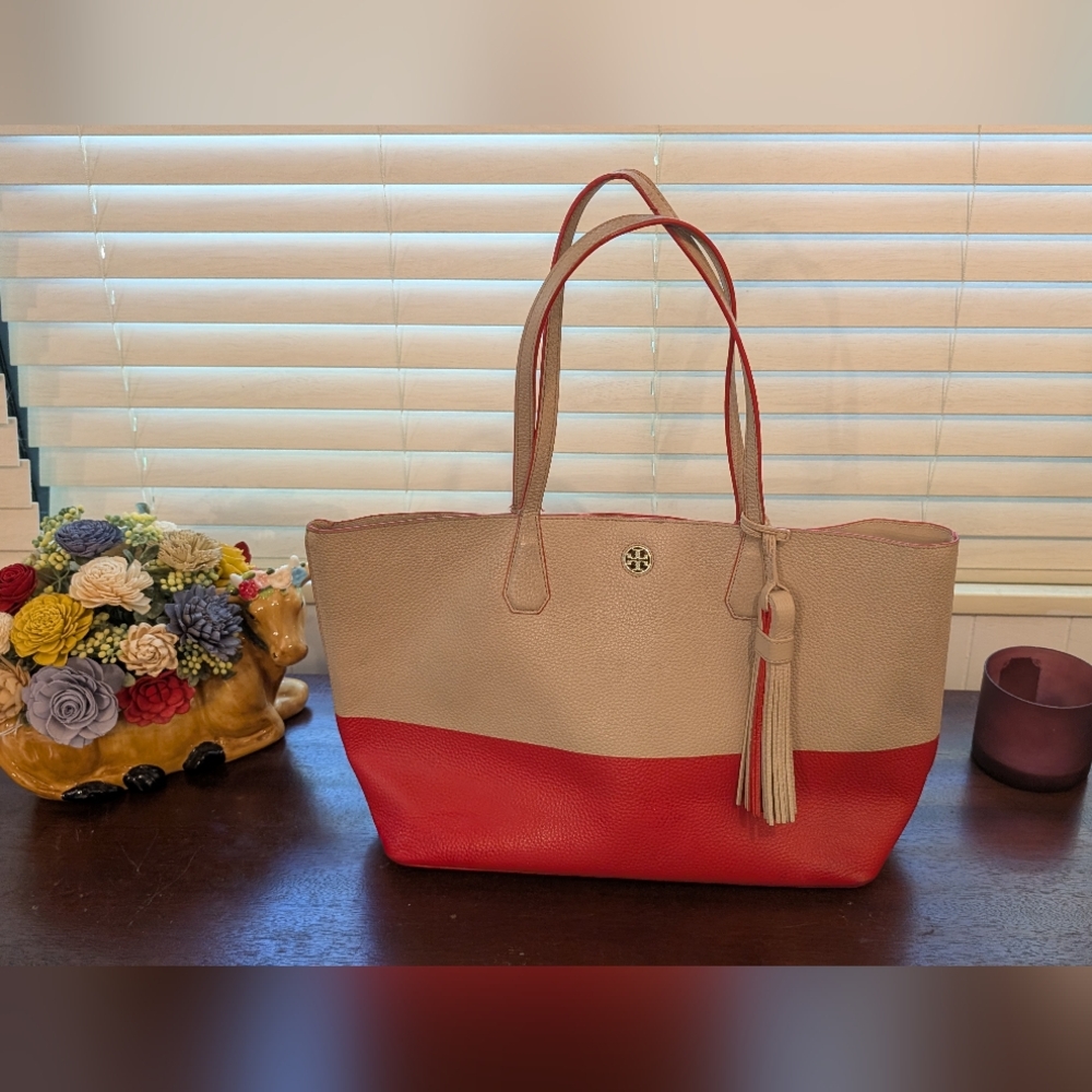 EUC Tory Burch Red and Tan Tote Bag